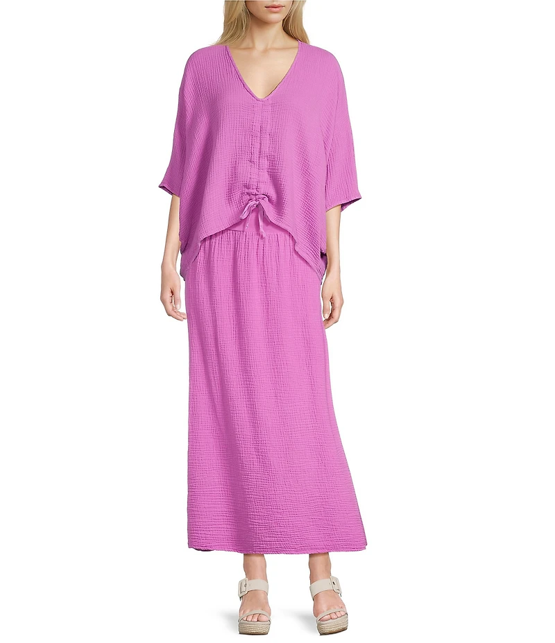 Bryn Walker Ria Cotton Gauze V-Neck Short Dolman Sleeve Ruched Tie High-Low Shirt