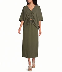 Bryn Walker Ria Cotton Jersey Knit V-Neck Short Dolman Sleeve Ruched Front Tie Shirt
