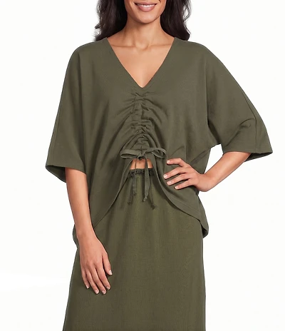 Bryn Walker Ria Cotton Jersey Knit V-Neck Dolman Sleeve Ruched Front Tie Coordinating Shirt