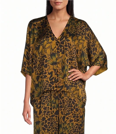 Bryn Walker Ria Feather Print V-Neck Short Dolman Sleeve Ruched Front Tie Hem Coordinating Shirt