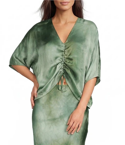 Bryn Walker Ria Verde Print V-Neck Short Dolman Ruched Tie Shirt