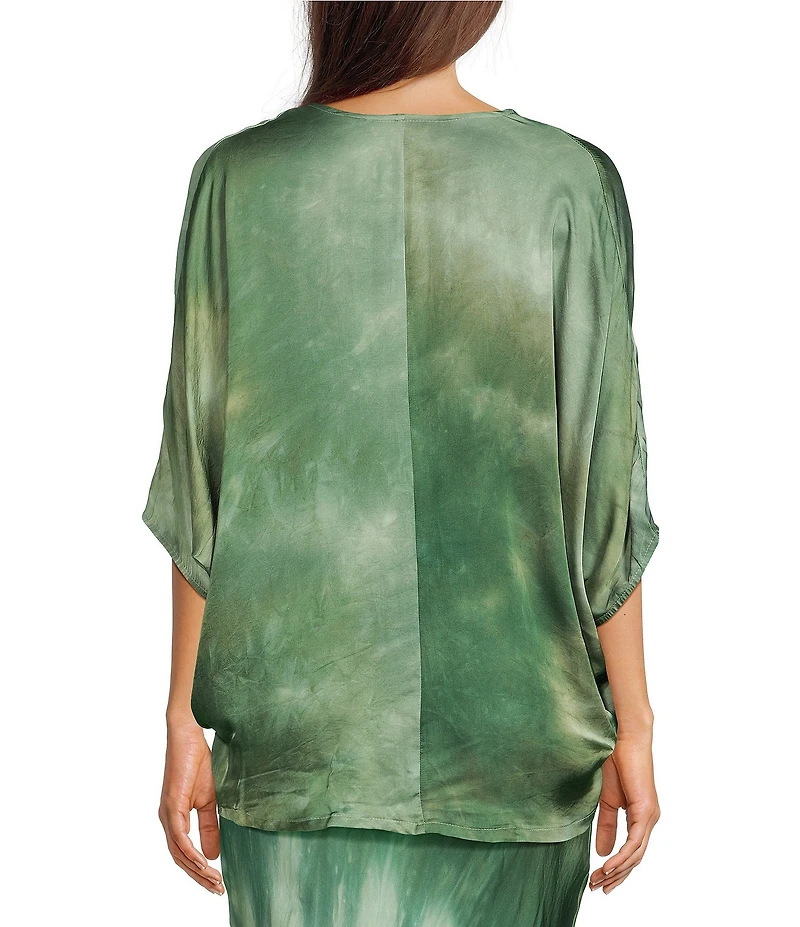 Bryn Walker Ria Verde Print V-Neck Short Dolman Ruched Tie Shirt