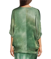 Bryn Walker Ria Verde Print V-Neck Short Dolman Ruched Tie Shirt