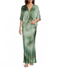 Bryn Walker Ria Verde Print V-Neck Short Dolman Ruched Tie Shirt