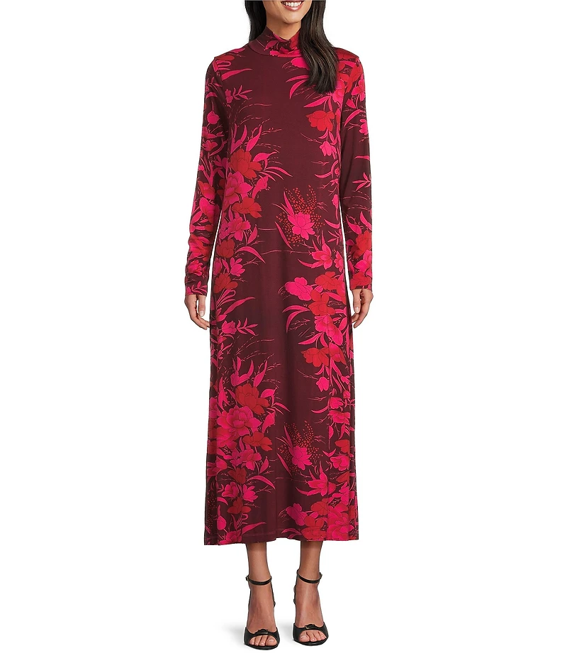 Bryn Walker Robin Fiori Printed Viscose Jersey Knit Mock Neck Long Sleeve Midi Dress