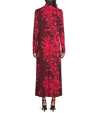 Bryn Walker Robin Fiori Printed Viscose Jersey Knit Mock Neck Long Sleeve Midi Dress