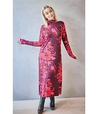 Bryn Walker Robin Fiori Printed Viscose Jersey Knit Mock Neck Long Sleeve Midi Dress