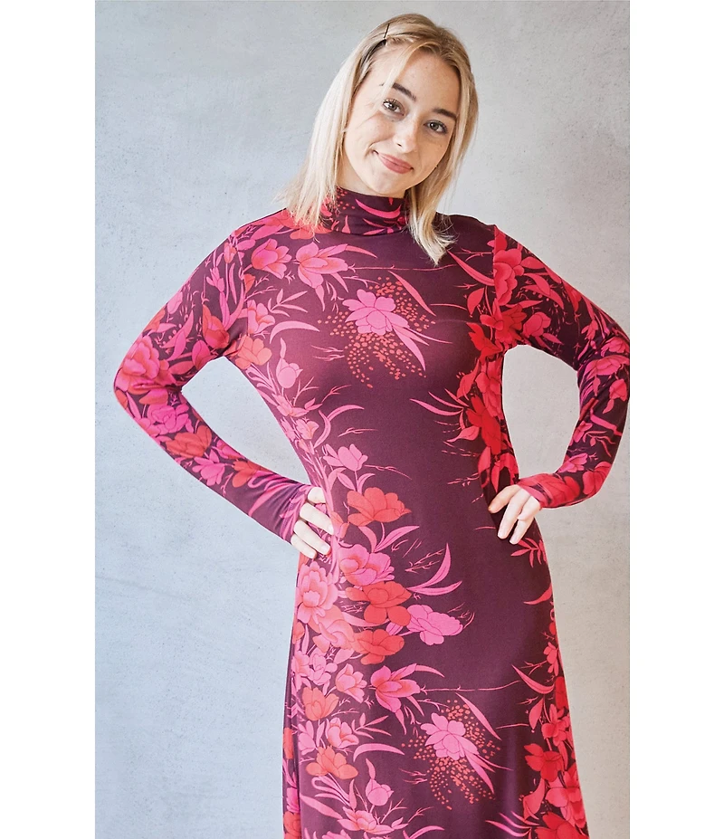 Bryn Walker Robin Fiori Printed Viscose Jersey Knit Mock Neck Long Sleeve Midi Dress