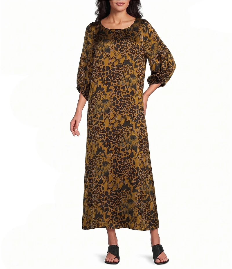 Bryn Walker Satiny Woven Feather Print Round Neck 3/4 Sleeve Oversized Lanterna Dress
