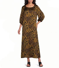Bryn Walker Satiny Woven Feather Print Round Neck 3/4 Sleeve Oversized Lanterna Dress
