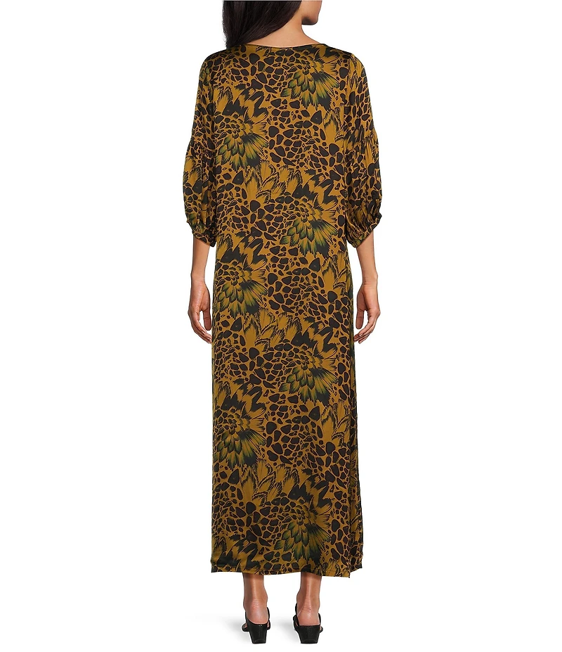Bryn Walker Satiny Woven Feather Print Round Neck 3/4 Sleeve Oversized Lanterna Dress