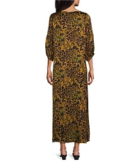 Bryn Walker Satiny Woven Feather Print Round Neck 3/4 Sleeve Oversized Lanterna Dress