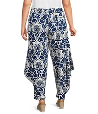 Bryn Walker Plus Size Seamus Tulum Azul Cielo Print Elastic Waist Drape Side Peak Pants