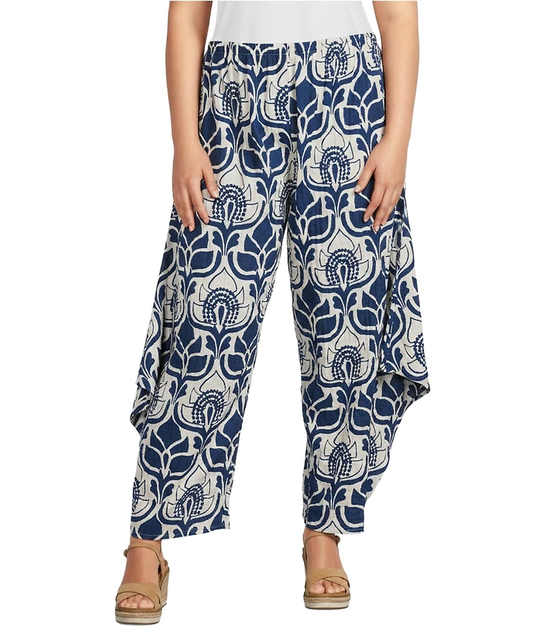 Bryn Walker Plus Size Seamus Tulum Azul Cielo Print Elastic Waist Drape Side Peak Pants