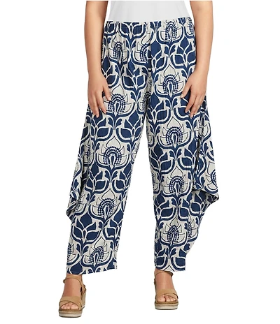 Bryn Walker Plus Size Seamus Tulum Azul Cielo Print Elastic Waist Drape Side Peak Pants