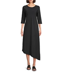 Bryn Walker Sydney Microfiber Jersey Round Neck Elbow Sleeve Asymmetrical Hem Midi Dress