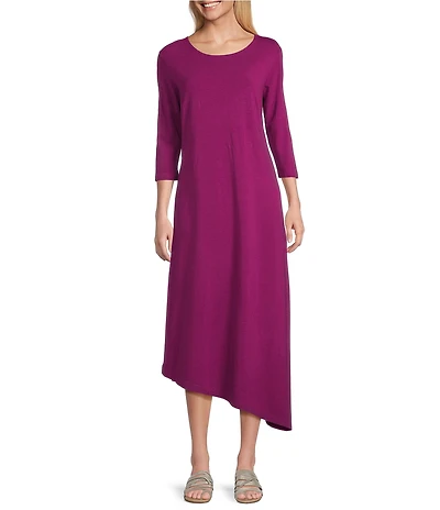Bryn Walker Sydney Organic Bamboo Cotton Blend Round Neck Elbow Sleeve Asymmetrical Midi Dress