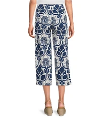 Bryn Walker Tulum Azul Cielo Printed Elastic Waist Side Slit Straight Leg Crop Pants