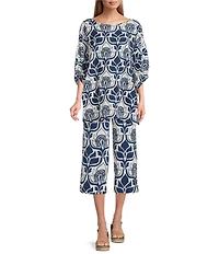 Bryn Walker Tulum Azul Cielo Printed Elastic Waist Side Slit Straight Leg Crop Pants