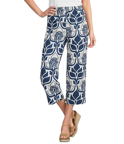 Bryn Walker Tulum Azul Cielo Printed Elastic Waist Side Slit Straight Leg Crop Pants