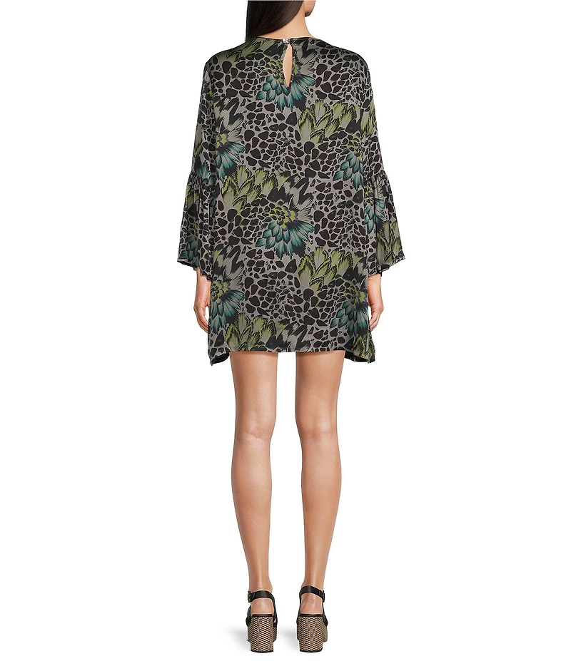 Bryn Walker Twilla Satiny Woven Feather Print Crew Neck Long Ruffle Bell Sleeve Tunic