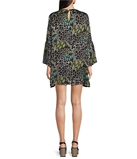 Bryn Walker Twilla Satiny Woven Feather Print Crew Neck Long Ruffle Bell Sleeve Tunic