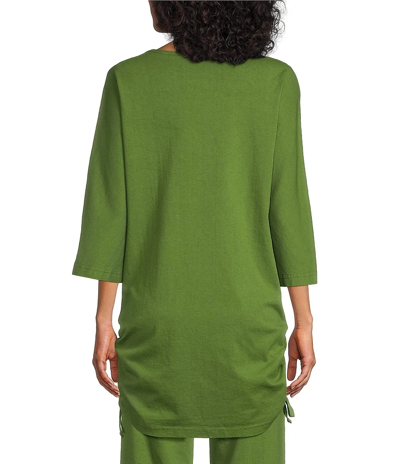 Bryn Walker Vanya Cotton Jersey Round Neck 3/4 Sleeve Tie Ruched Tunic
