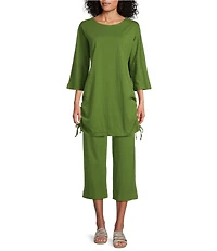 Bryn Walker Vanya Cotton Jersey Round Neck 3/4 Sleeve Tie Ruched Tunic