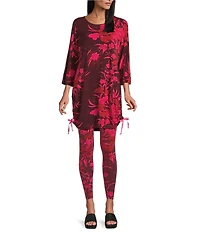 Bryn Walker Vanya Coordinating Fiori Printed Viscose Jersey Knit Boat Neck 3/4 Sleeve Adjustable Tie Side Tunic