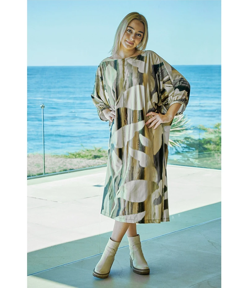 Bryn Walker Wilder Arroyo Print Stretch Knit Boat Neck Elbow Dolman Sleeve Midi Dress