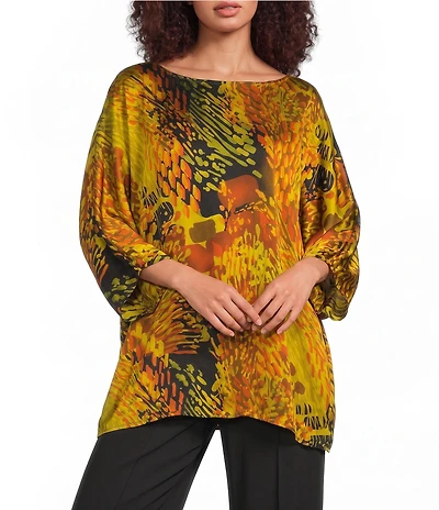 Bryn Walker Wilder Satiny Woven Encanto Print Round Neck Elbow Dolman Sleeve Oversized Tunic