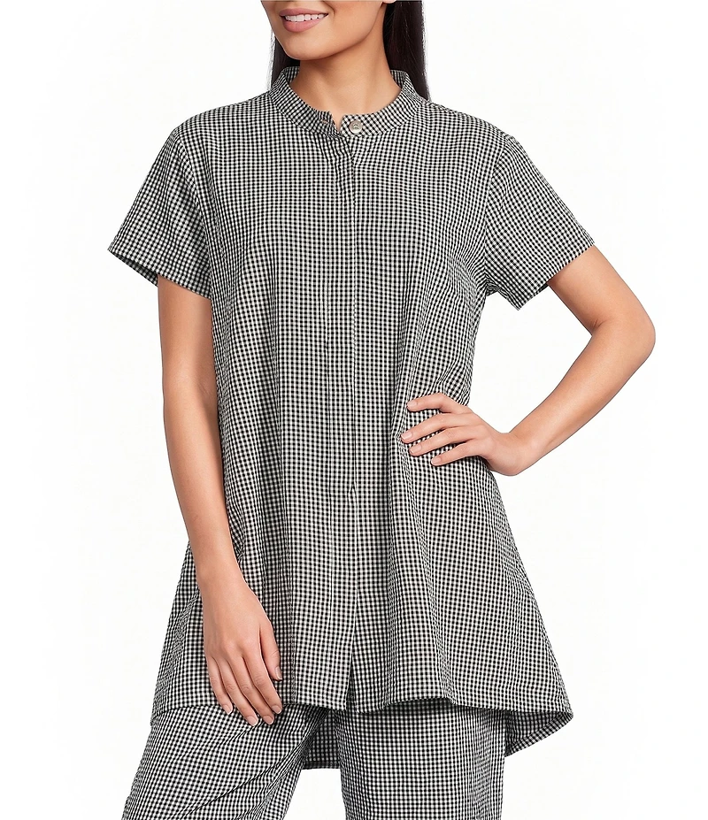 Bryn Walker Willa Check Seersucker Mandarin Collar Cap Sleeve Tunic