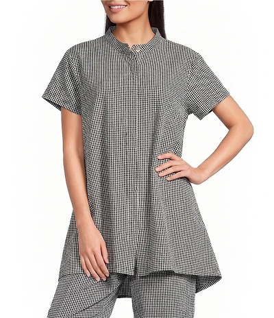 Bryn Walker Willa Check Seersucker Mandarin Collar Cap Sleeve Tunic