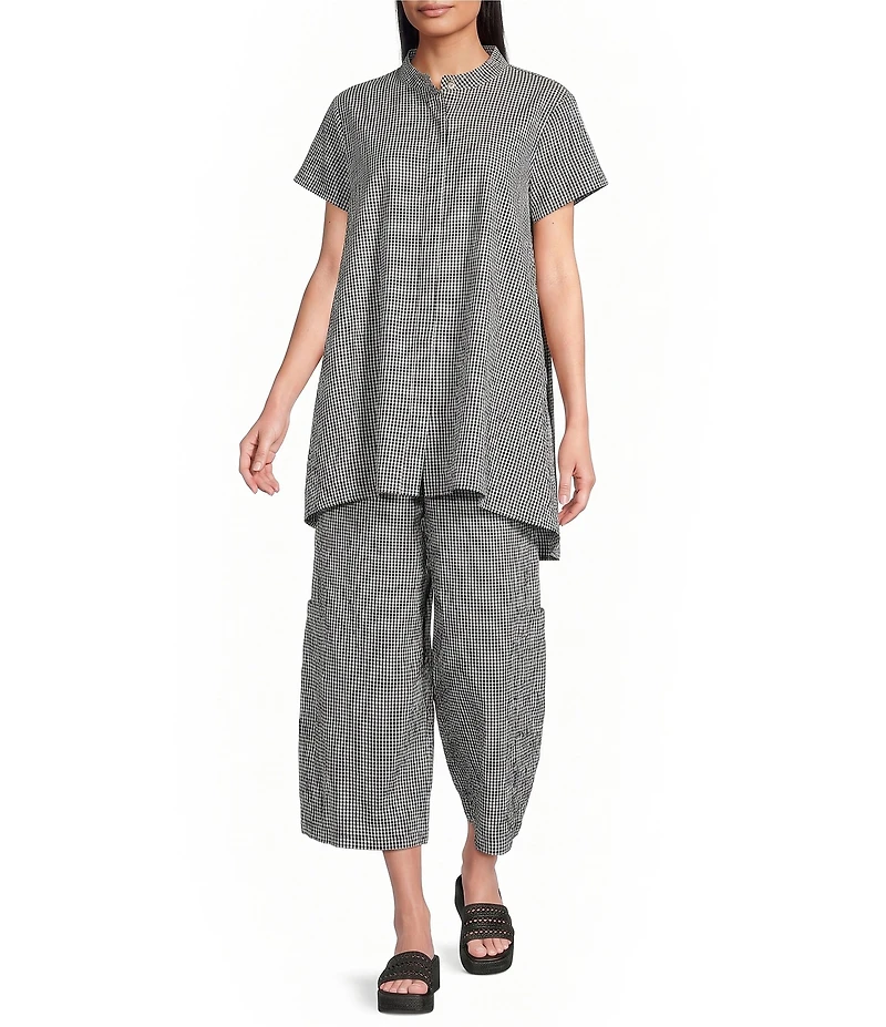 Bryn Walker Willa Check Seersucker Mandarin Collar Cap Sleeve Tunic
