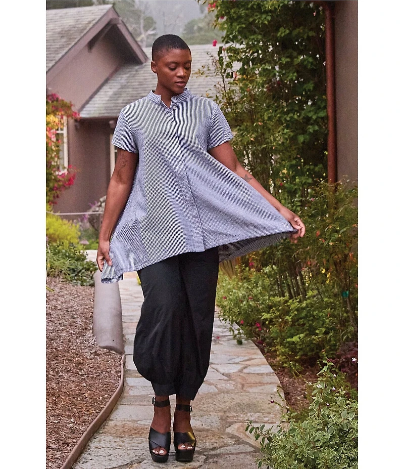 Bryn Walker Willa Check Seersucker Mandarin Collar Cap Sleeve Tunic