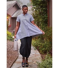 Bryn Walker Willa Check Seersucker Mandarin Collar Cap Sleeve Tunic