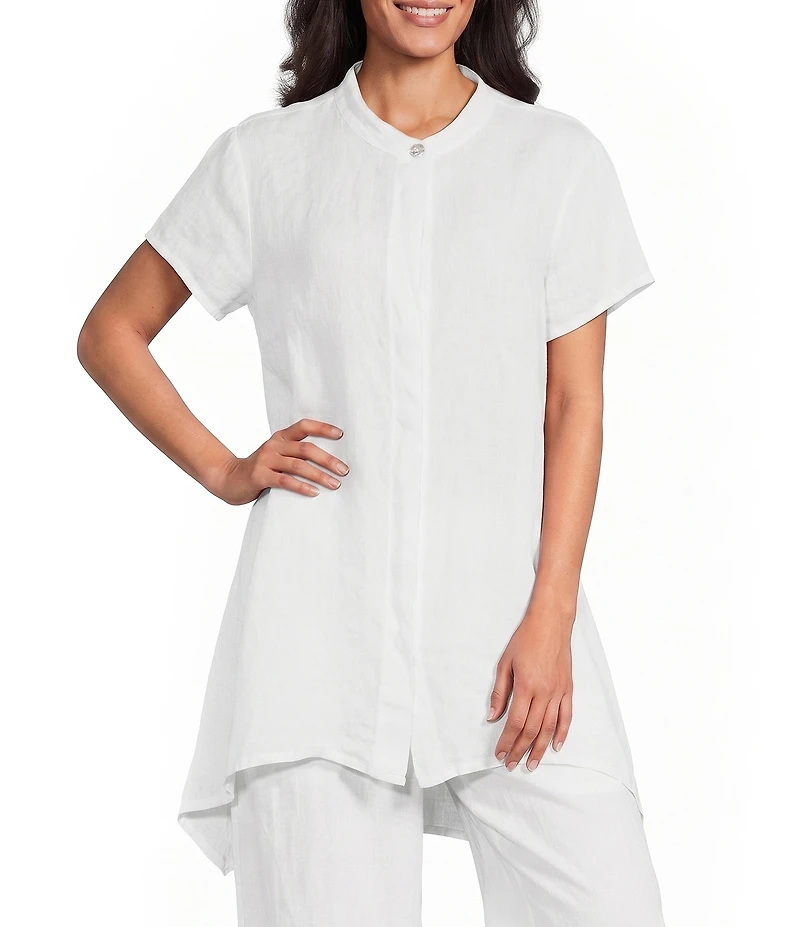 Bryn Walker Willa Light Linen Mandarin Collar Cap Sleeve Curved Hem Tunic