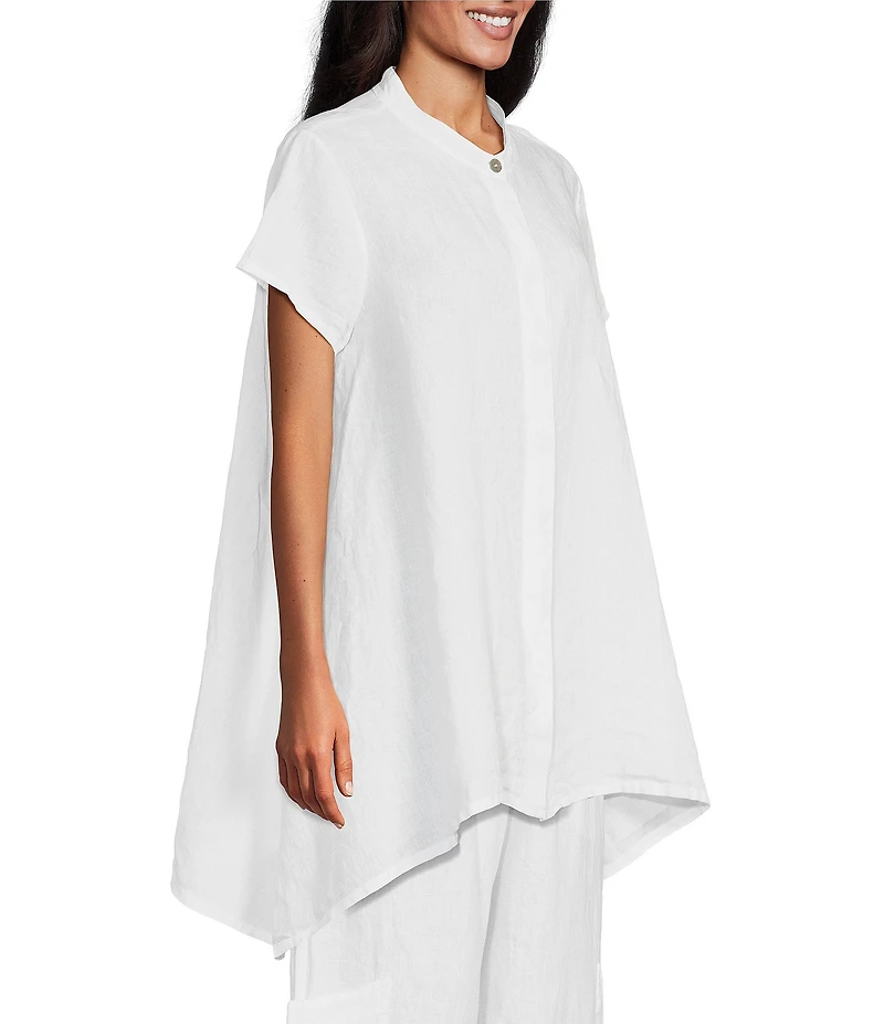 Bryn Walker Willa Light Linen Mandarin Collar Cap Sleeve Curved Hem Tunic