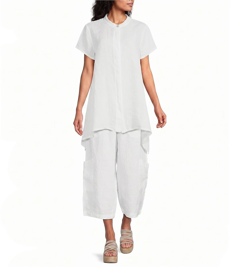Bryn Walker Willa Light Linen Mandarin Collar Cap Sleeve Curved Hem Tunic