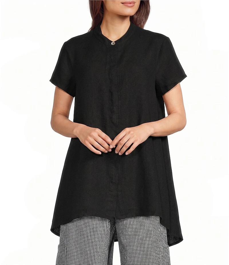 Bryn Walker Willa Light Linen Mandarin Collar Cap Sleeve Curved Hem Tunic