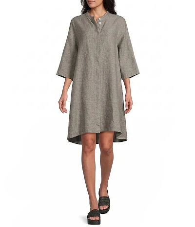 Bryn Walker Winona Cross-Dyed Linen Mandarin Collar Elbow Sleeve Button Front Tunic