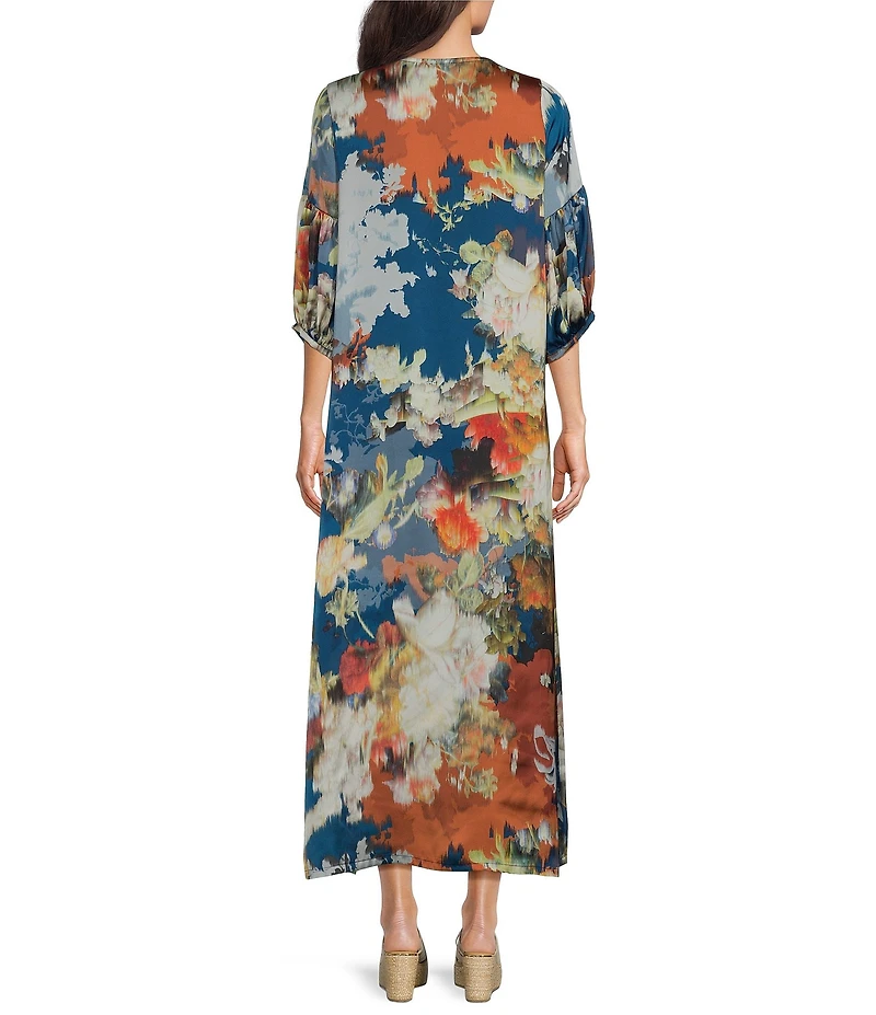Bryn Walker Woven Fiori Print Round Neck 3/4 Sleeve Lantern Dress