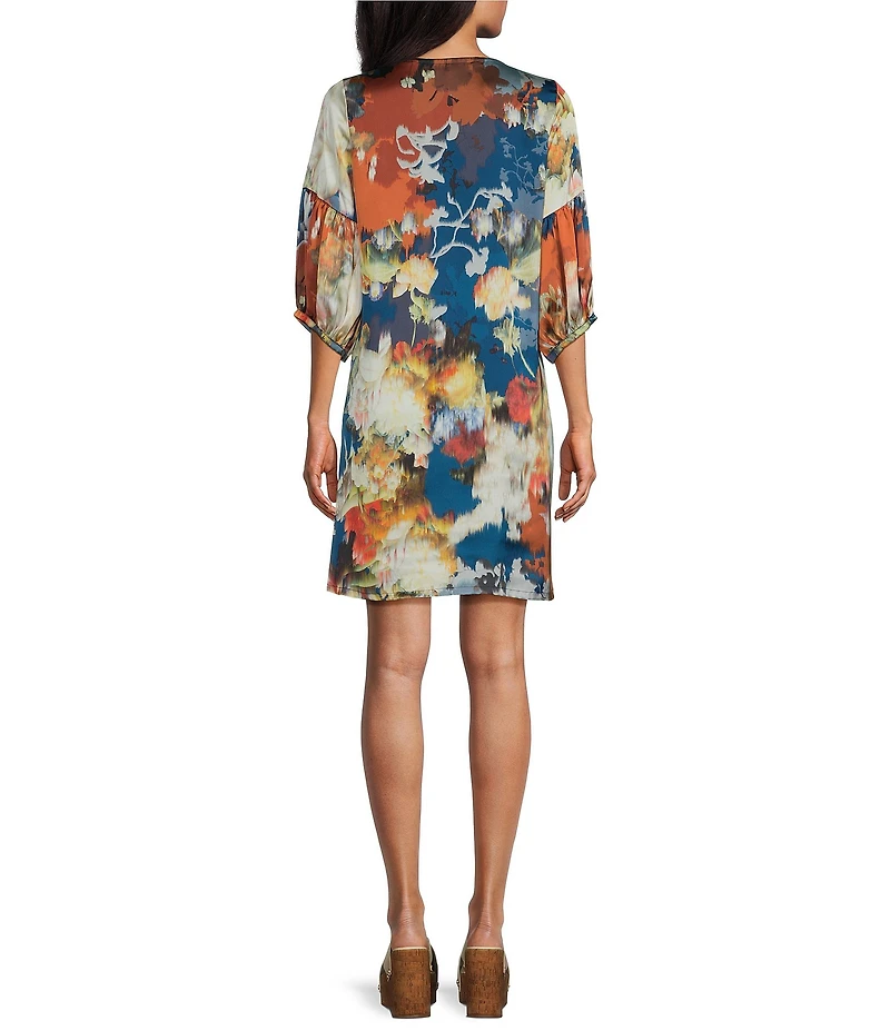 Bryn Walker Woven Lantern Fiori Print Round Neck 3/4 Sleeve Lantern Shift Dress