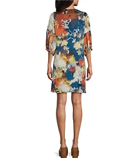 Bryn Walker Woven Lantern Fiori Print Round Neck 3/4 Sleeve Lantern Shift Dress