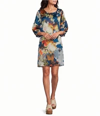 Bryn Walker Woven Lantern Fiori Print Round Neck 3/4 Sleeve Lantern Shift Dress