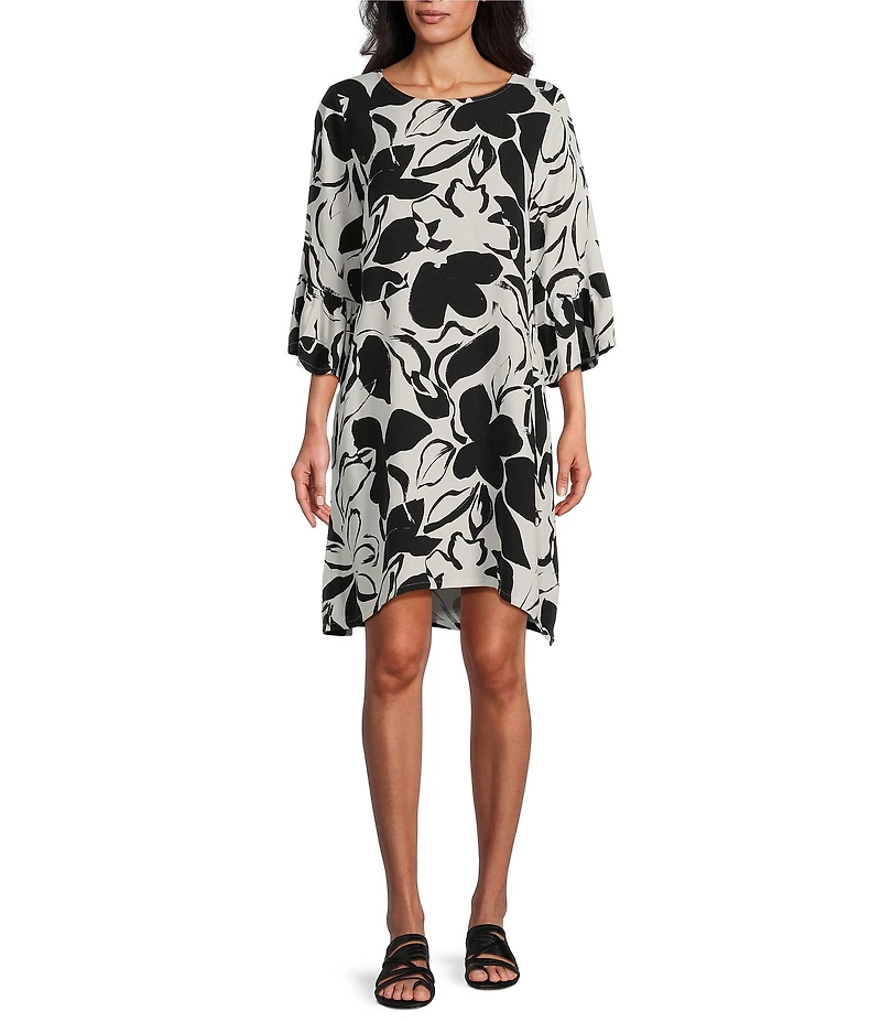 Bryn Walker Woven Phryne Flower Petal Print Round Neck 3/4 Sleeve Shift Dress