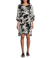 Bryn Walker Woven Phryne Flower Petal Print Round Neck 3/4 Sleeve Shift Dress