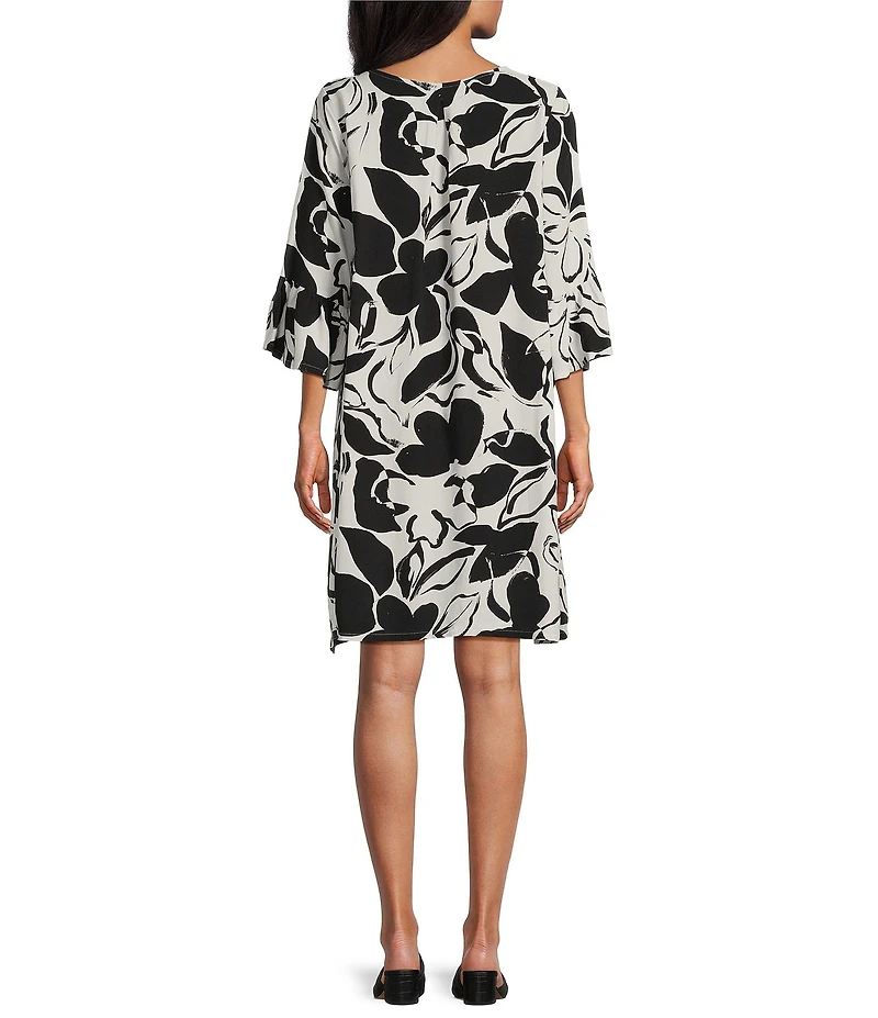 Bryn Walker Woven Phryne Flower Petal Print Round Neck 3/4 Sleeve Shift Dress