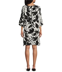 Bryn Walker Woven Phryne Flower Petal Print Round Neck 3/4 Sleeve Shift Dress