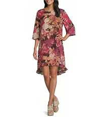 Bryn Walker Zaida Rosa Print Silk Round Neck 3/4 Sleeve High-Low Dress